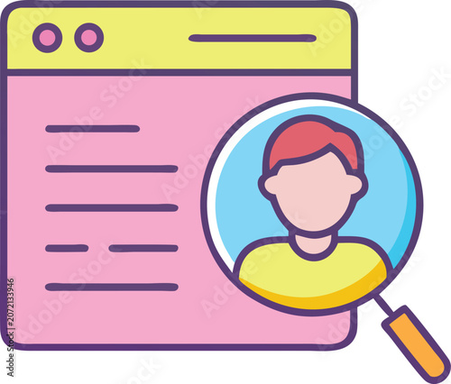 A colorful cartoon graphic of a magnifying glass over a persons profile on a web page