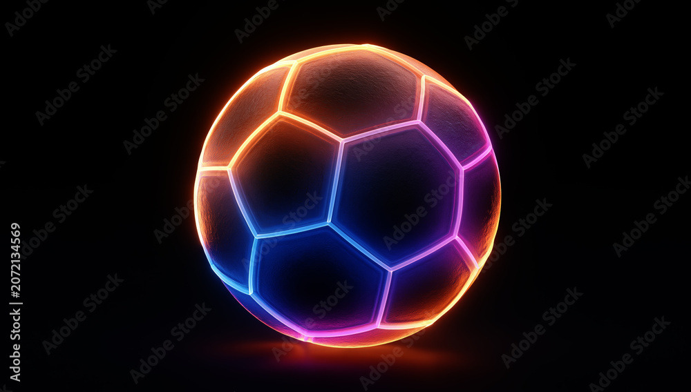 Naklejka premium a soccer ball, brightly lit with a spectrum of neon colors