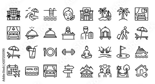 Fotografie Resort Hotel Editable Stroke Outline Icons Set with Vacation Wellness Tourism Re