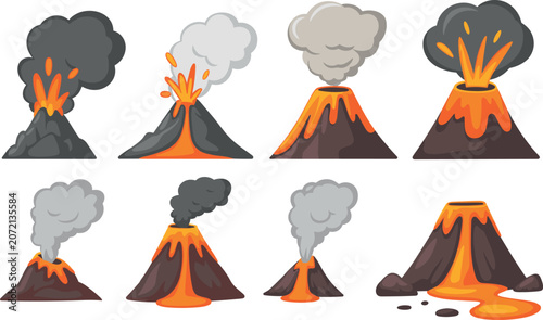 Εκτύπωση καμβά Set of various cartoon erupting volcanoes with glowing hot lava and dark smoke clouds isolated on white background