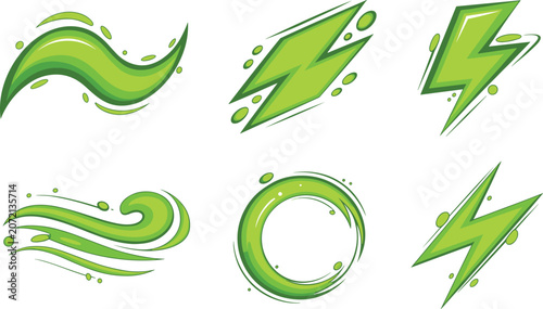 Obraz na plátně Vibrant collection of green energy power icons showing dynamic lightning bolts and motion trails brightly lit on white
