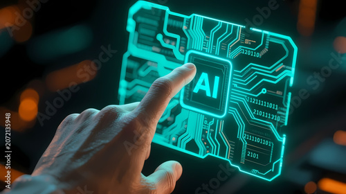 Hand touching holographic ai chip