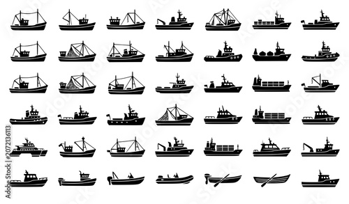 Canvastavla Commercial Sea Vessel Silhouette Vector Icon Collection with Fishing Trawlers Tu