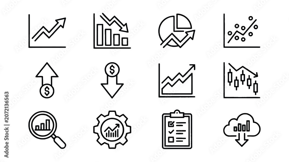 Fototapeta premium Increase And Decrease Business Graph Outline Icon Set Featuring Growth And Decline Trend Symbols In Clean Vector Style.