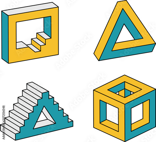 Photos Set of four colorful impossible geometric shapes featuring paradoxical structures with clean lighting on a white background