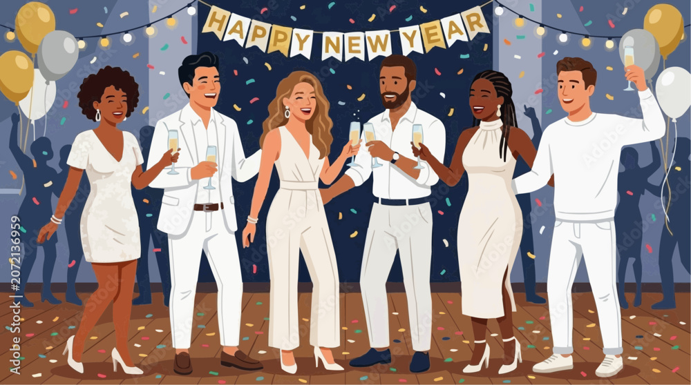 Obraz premium Diverse group of friends celebrating New Year's Eve with champagne and confetti vector