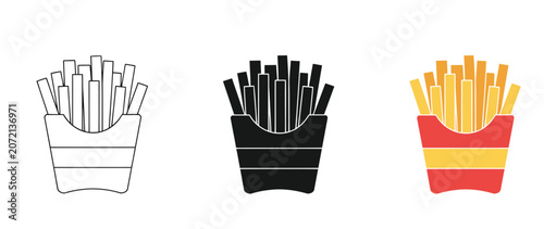 Three stylized vector illustrations of fries in different colored containers