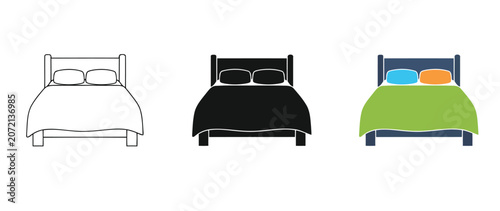 Three different colored bedding styles on simple wooden beds
