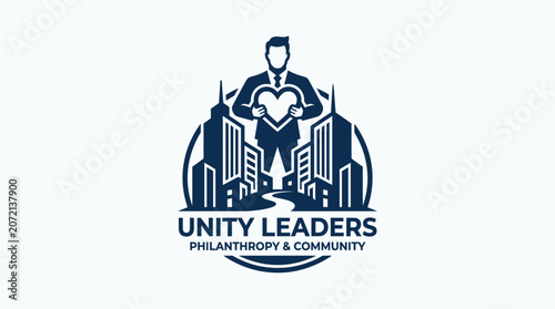 A man forms a heart shape with his hands, with a city skyline behind him, symbolizing philanthropy, community, and leadership