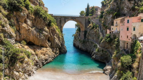 The charming Italian seaside Fiordo Of Furorei, rocky cliffs with magnificent views of the Amalfi coast.