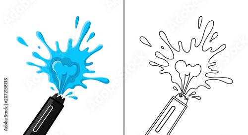 Ink pen splashing blue ink forming heart shape on white background  