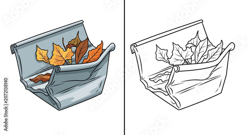 Illustration of a container holding colorful autumn leaves  