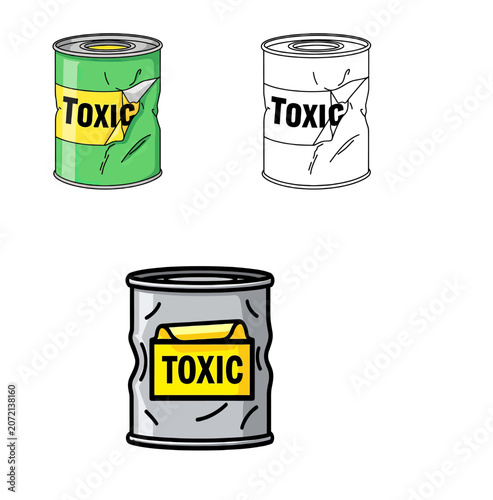 Set of three toxic waste cans in different colors and conditions  