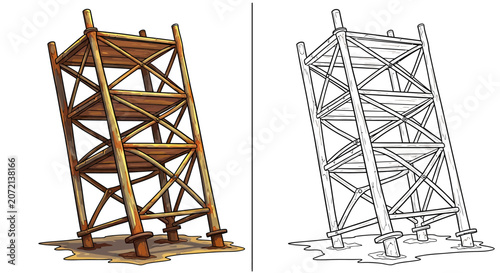 Construction scaffolding structure in color and black and white  