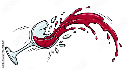 Broken wine glass spilling red wine with shards on white background  