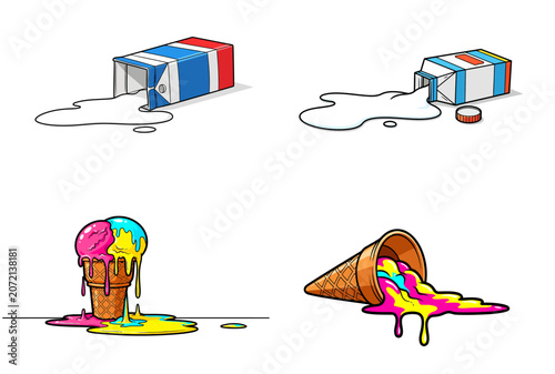 Melted ice cream cones and spilled milk cartoon illustrations  