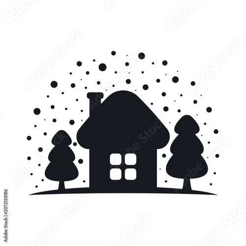 A small house, fir trees, and snow icon. Black and blue silhouette. Front view. Vector simple flat graphic illustration. Isolated on a white background.