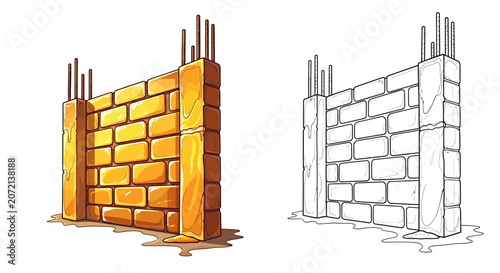 Brick wall construction illustration in colored and line art styles  