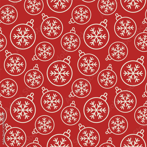 Small white outline linear Christmas tree balls with snowflakes isolated on a red background. Seamless pattern. Simple flat vector graphic illustration. Texture.