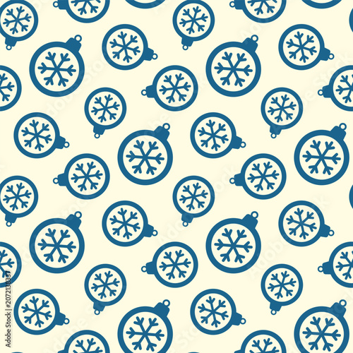Small blue Christmas tree balls with snowflakes isolated on a white background. Cute seamless pattern. Simple flat vector graphic illustration. Texture.