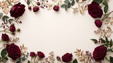 Elegant Floral Frame with Burgundy Roses and Golden Leaves