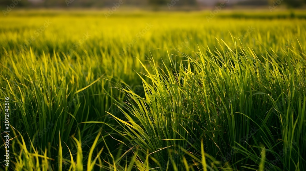 Obraz premium An expansive rice paddy field gently sways in the wind bathed in a warm golden glow