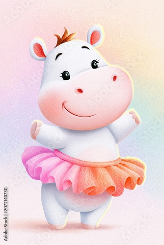 Cute baby hippo character illustration wearing a pink tutu with a smiling expression, set against a soft pastel background with a gradient effect