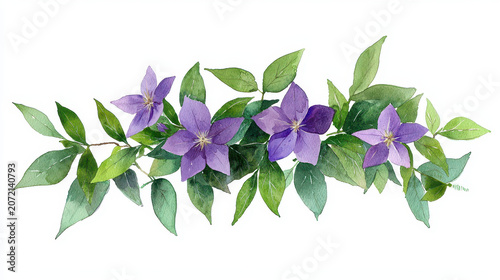 Beautiful watercolor illustration of purple flowers and green leaves, showcasing vibrant colors and delicate details