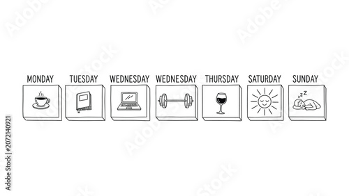 Daily planner schedule icons set for weekly routine