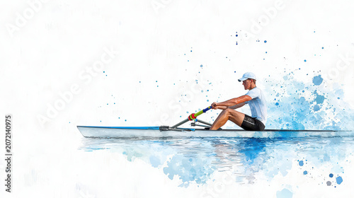 Man rowing single scull in watercolor style, showcasing determination and focus on water