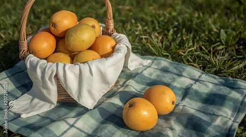 Basket of Ripe Mangoes on Picnic Blanket in Warm Sunlight