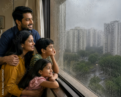 Happy indian family looking out the window at a rainy city view