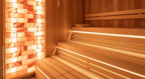Wooden sauna room with backlit Himalayan salt wall