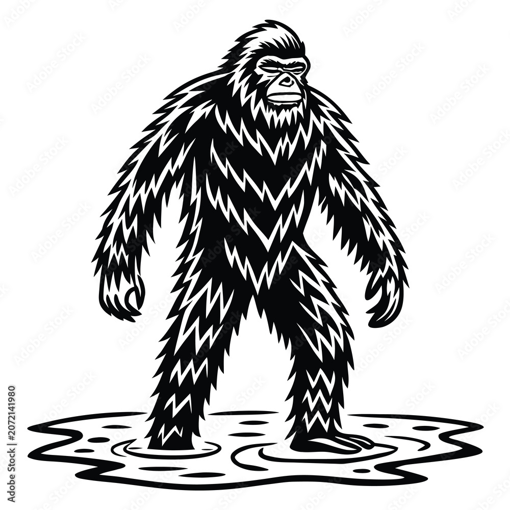 Naklejka premium Vector illustration bigfoot or sasquatch standing in a swampy area, vintage woodcut style illustration