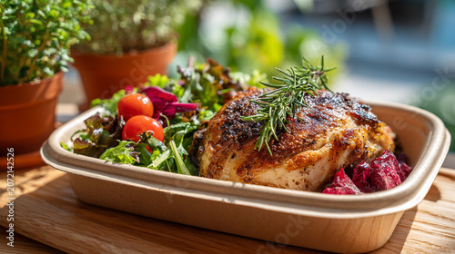Healthy roasted chicken breast meal with fresh green salad vegetables culinary