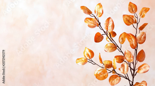 Autumn leaves branch with warm orange hues against soft background, evoking sense of tranquility and seasonal change