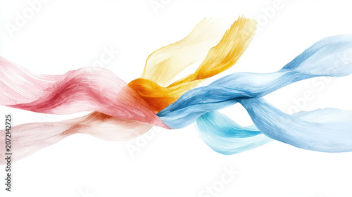 Colorful flowing ribbons create dynamic and artistic composition, showcasing vibrant hues of pink, orange, and blue