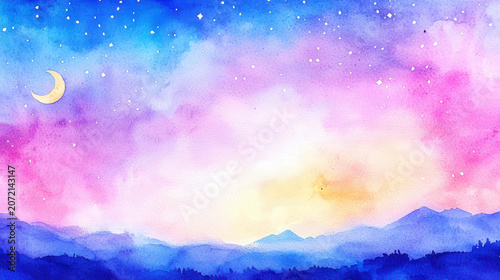 Beautiful watercolor painting depicting serene landscape with gradient of blue, pink, and purple hues. crescent moon shines night sky