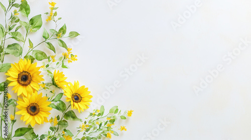Bright sunflowers and green leaves create cheerful and vibrant composition on light background, perfect for various designs