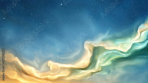 Beautiful abstract representation of cosmic scene featuring swirling colors and stars in night sky. artwork evokes sense of wonder and tranquility