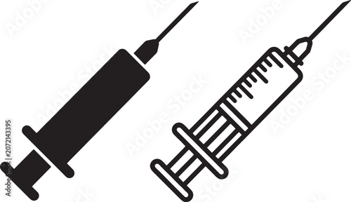 Syringe medical injection icon silhouettes with needle and plunger for vaccine healthcare.