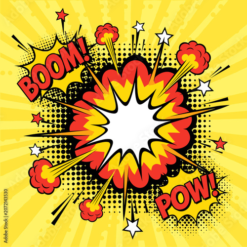 Comic explosion effect with boom pow text