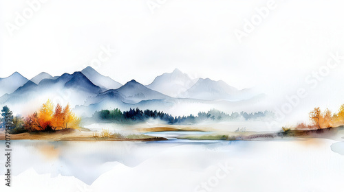 Serene watercolor painting depicting tranquil landscape with mountains, calm river, and autumn foliage reflecting in water