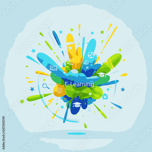 E-learning concept with colorful explosion of icons and symbols