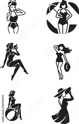 Set of black and white vintage pinup girl illustrations in summer swimsuits and hats