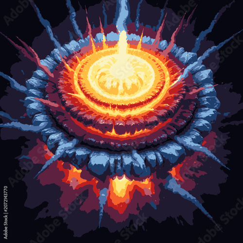 Vibrant pixel art of an explosion with orange and blue hues