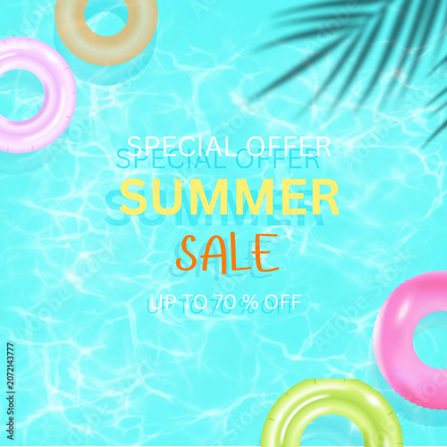 Summer Sale Special Offer Banner with Inflatable Swim Rings in Swimming Pool Water.