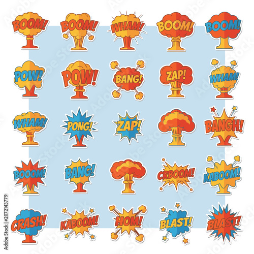 Explosion and comic boom effects with colorful text and cartoonish illustrations