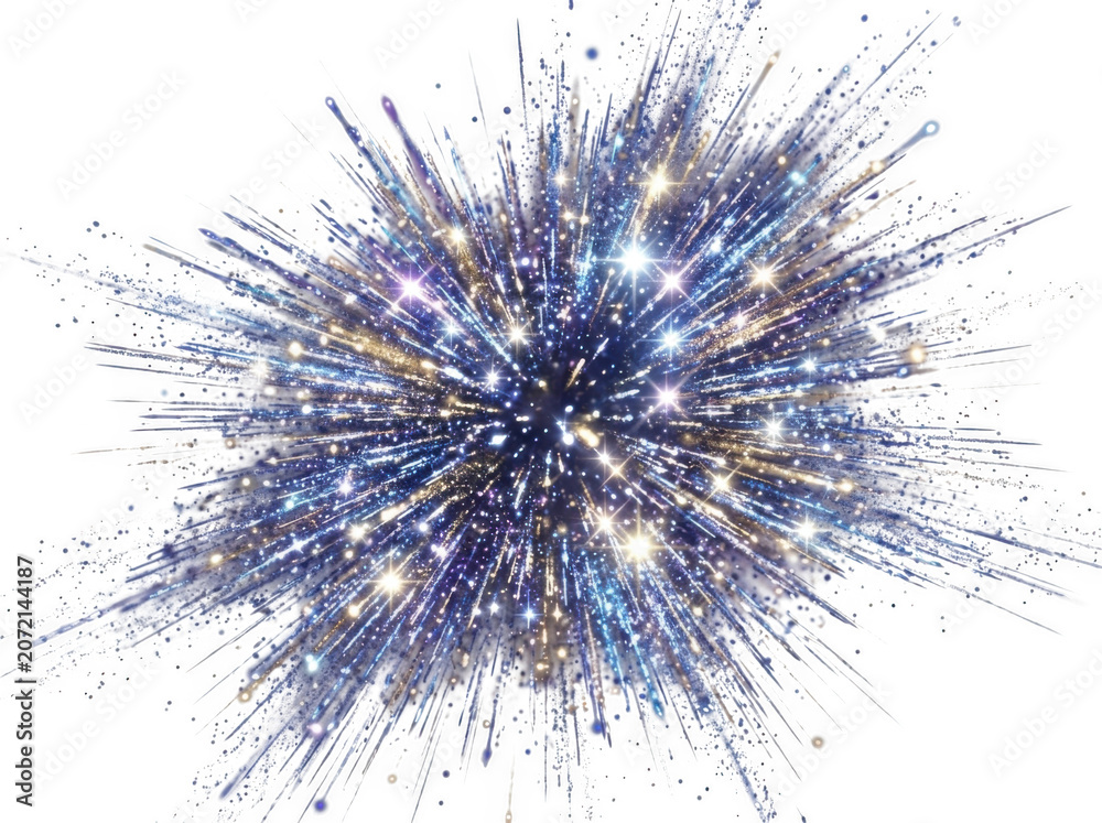 Obraz premium Explosion of blue and gold glitter particles with bright starbursts during a festive celebration