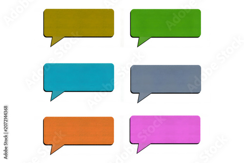 Set of vibrant blank communication boxes including yellow green cyan grey orange and pink options.